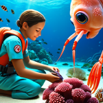 **A heartwarming scene of Peso, the kind Octonaut medic, tenderly caring for a small, injured shrimp. Soft, gentle lighting emphasizes Peso's compassion and the vulnerability of the shrimp. Background depicts a colorful coral reef with other friendly sea creatures.**