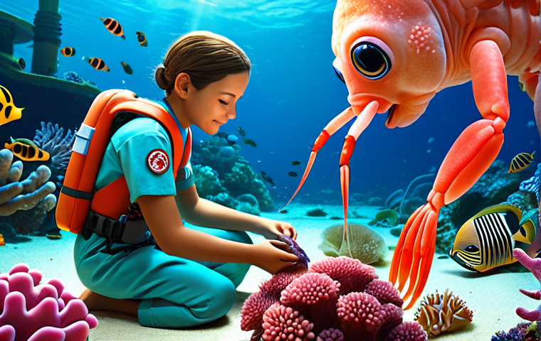 **A heartwarming scene of Peso, the kind Octonaut medic, tenderly caring for a small, injured shrimp. Soft, gentle lighting emphasizes Peso's compassion and the vulnerability of the shrimp. Background depicts a colorful coral reef with other friendly sea creatures.**