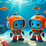 A highly detailed, professional illustration of the Octonauts crew, including Captain Barnacles, Kwazii, and Peso, fully clothed in their iconic, functional underwater uniforms. They are depicted in a natural pose, actively engaged in a gentle marine rescue mission, carefully guiding a small group of realistically rendered, colorful fish through a vibrant coral reef. The background showcases a breathtaking underwater ecosystem with diverse, well-formed coral structures and clear, sunlit ocean water. The scene emphasizes teamwork, scientific discovery, and environmental care. Perfect anatomy, correct proportions, safe for work, appropriate content, fully clothed, family-friendly, high quality, professional illustration.