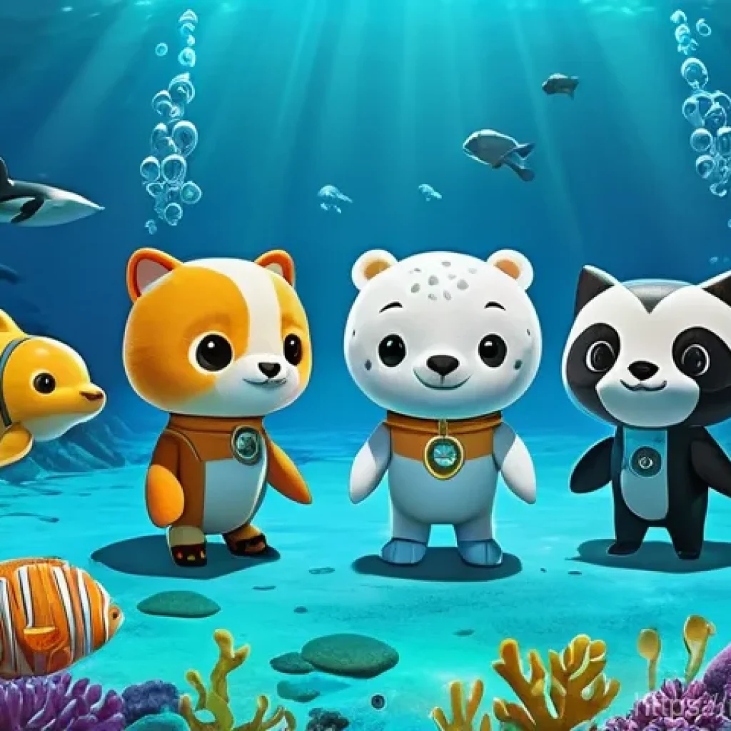 옥토넛 어린이 교육용 비디오 - A highly detailed, vibrant underwater scene featuring the full Octonauts team: Captain Barnacles (a ...