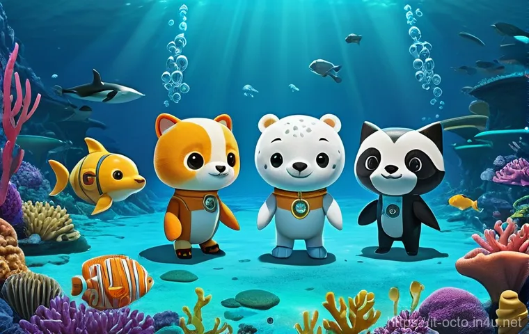 옥토넛 어린이 교육용 비디오 - A highly detailed, vibrant underwater scene featuring the full Octonauts team: Captain Barnacles (a ...