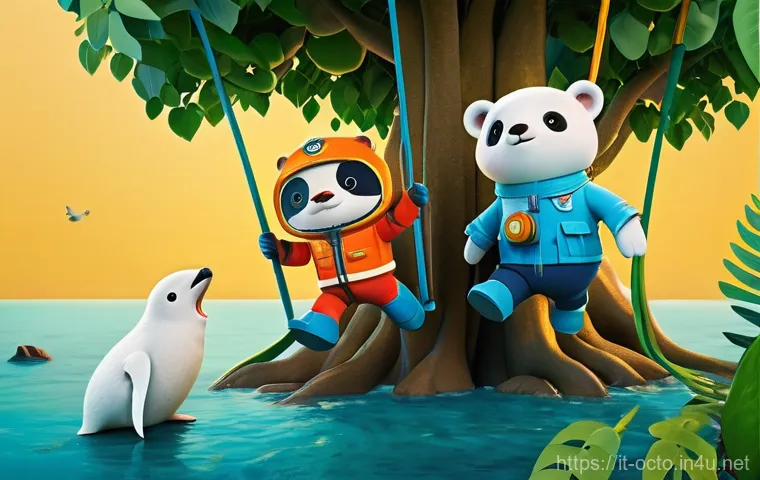 옥토넛 어린이 교육용 비디오 - A highly detailed, vibrant underwater scene featuring the full Octonauts team: Captain Barnacles (a ...