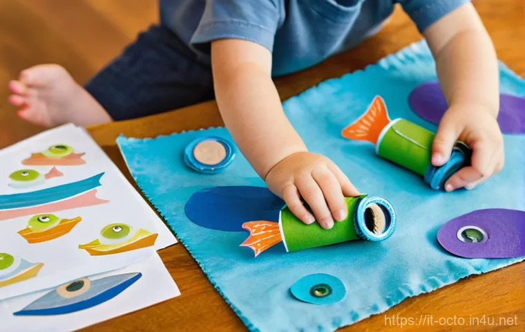 옥토넛 해양 구조 활동 재현 - **DIY Marine Explorer Kit Creation:**
A vibrant, sunlit close-up shot of three diverse children ...