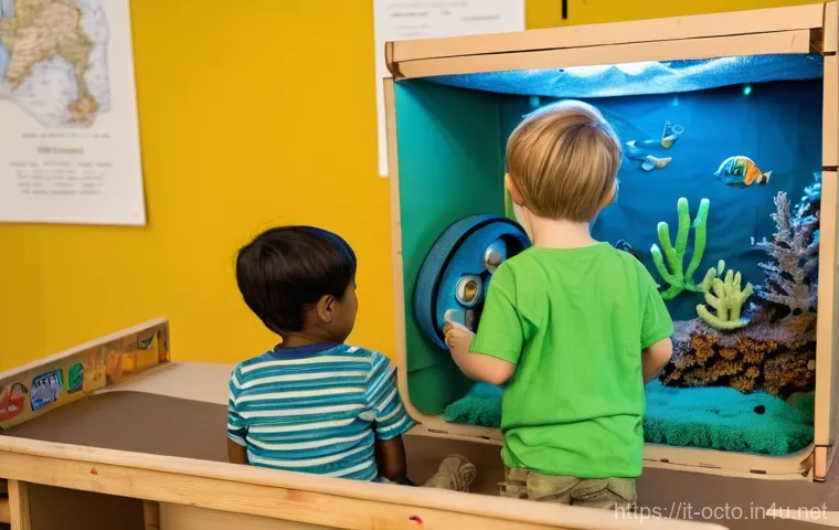 옥토넛 해양 구조 활동 재현 - **DIY Marine Explorer Kit Creation:**
    A vibrant, sunlit close-up shot of three diverse children ...