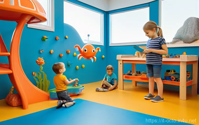 옥토넛 관련 기념품 및 상품 리뷰 - **Prompt:** A cheerful and imaginative indoor scene within a child's playroom, featuring the large, ...
