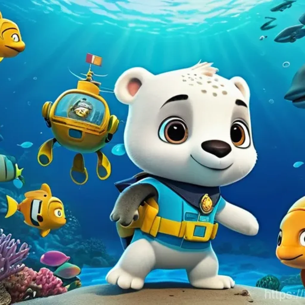 옥토넛 스토리의 기승전결 - **Prompt:** A vibrant, animated scene depicting Captain Barnacles, Peso, and Kwazii from the Octonau...