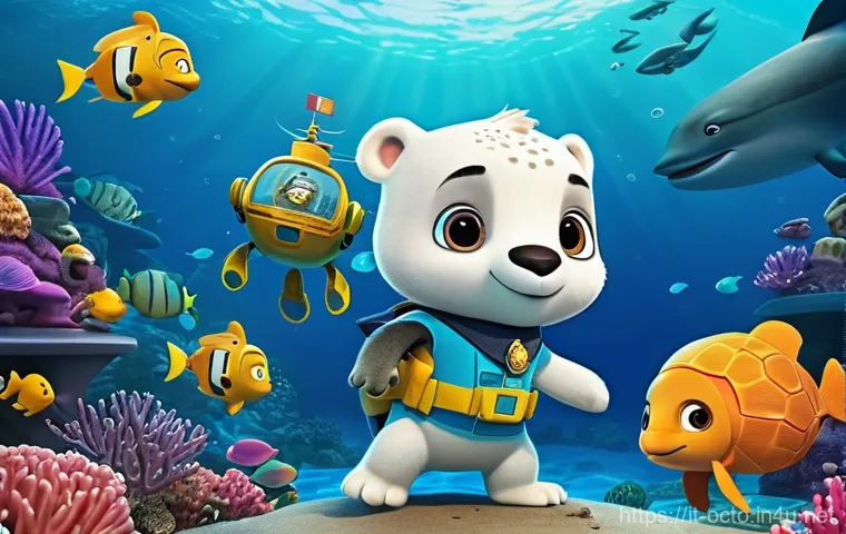 옥토넛 스토리의 기승전결 - **Prompt:** A vibrant, animated scene depicting Captain Barnacles, Peso, and Kwazii from the Octonau...