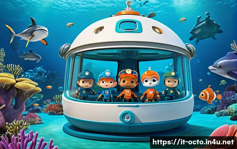 옥토넛 아기 상어와의 콜라보 사례 - **Octonauts Underwater Rescue and Learning Mission:** A vibrant and detailed 3D animated scene captu...
