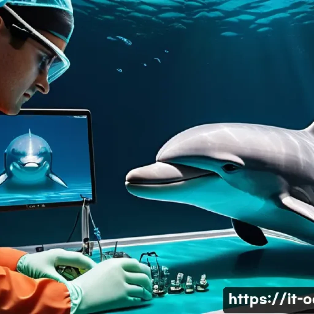 옥토넛 페이소의 진료 기록 - A highly detailed underwater scene showing a marine veterinarian team from Octonauts Peso using adva...