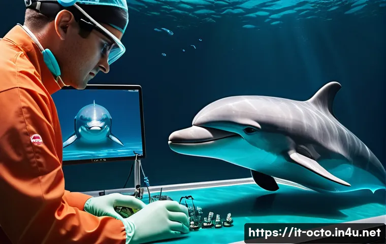 옥토넛 페이소의 진료 기록 - A highly detailed underwater scene showing a marine veterinarian team from Octonauts Peso using adva...