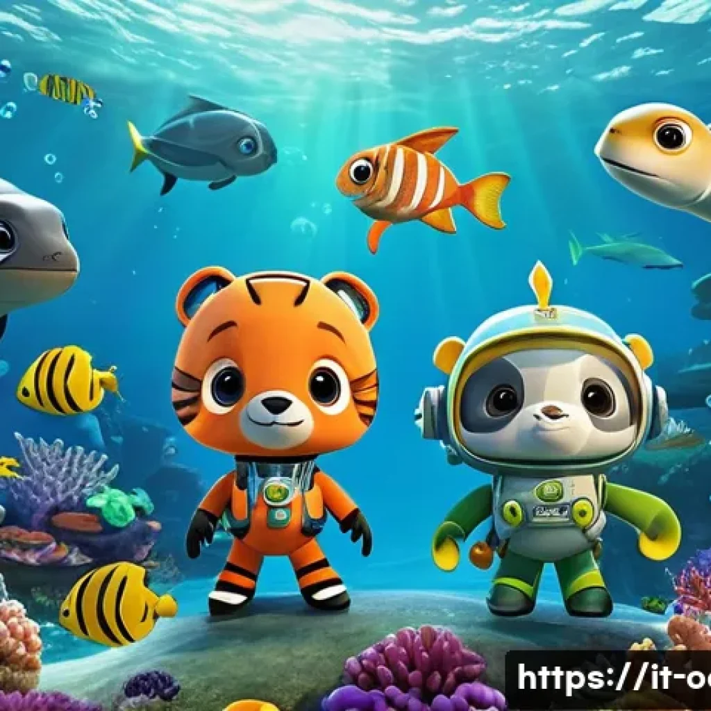 옥토넛 애니메이션 제작자의 비전 - A vibrant underwater scene featuring the Octonauts team exploring a colorful coral reef teeming with...