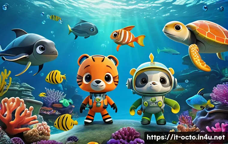 옥토넛 애니메이션 제작자의 비전 - A vibrant underwater scene featuring the Octonauts team exploring a colorful coral reef teeming with...
