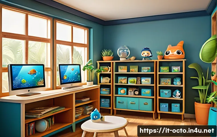 옥토넛 팬덤 커뮤니티 활동 - A vibrant digital art scene depicting a lively online community of Octonauts fans, featuring diverse...