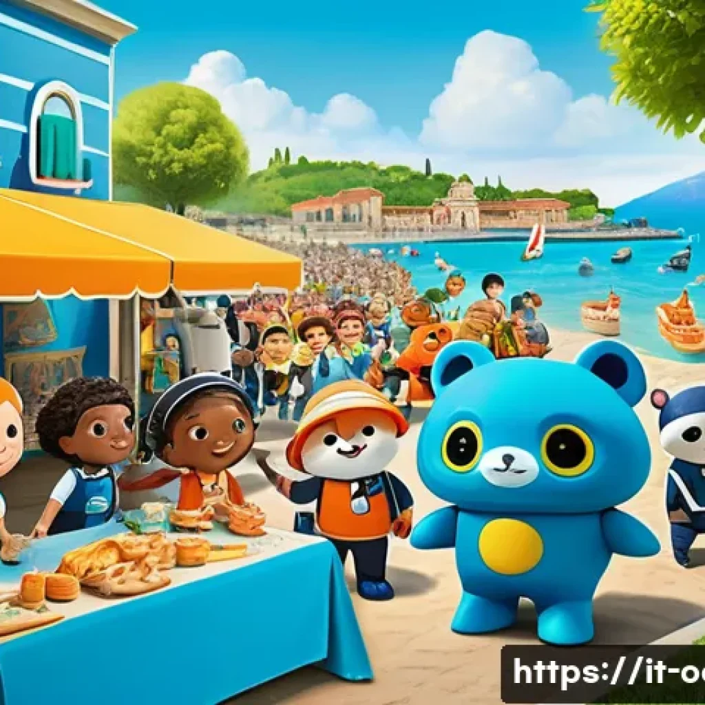 옥토넛 애니메이션 팬덤 활동 분석 - A vibrant and detailed illustration of a lively Italian fan community gathering at a seaside park du...