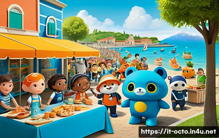 옥토넛 애니메이션 팬덤 활동 분석 - A vibrant and detailed illustration of a lively Italian fan community gathering at a seaside park du...