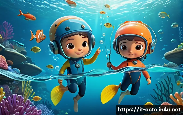 옥토넛 OST와 관련된 재미있는 사실 - A vibrant underwater scene inspired by Octonauts, featuring a team of animated explorers wearing col...