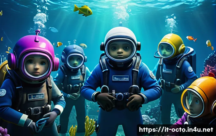 옥토넛 시즌별 가장 슬픈 순간 - A heartfelt underwater scene featuring a group of diverse Octonaut characters, each wearing colorful...