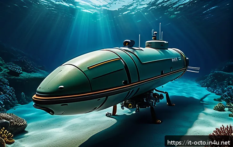옥토넛 해양 탐험 현실 가능성 - A highly detailed underwater scene showcasing an autonomous underwater vehicle (AUV) exploring a dee...