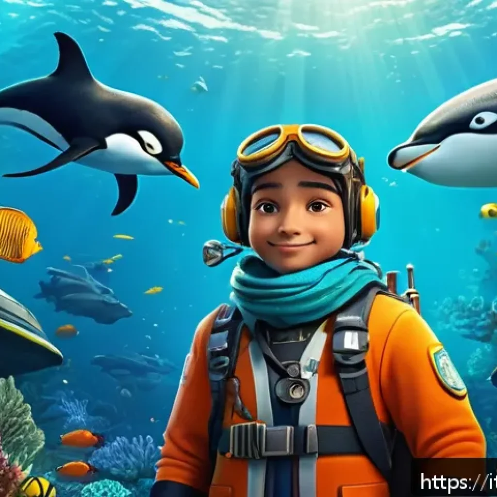 옥토넛 콘텐츠의 문화적 다양성 - A diverse animated crew of underwater explorers wearing colorful, detailed uniforms inspired by diff...
