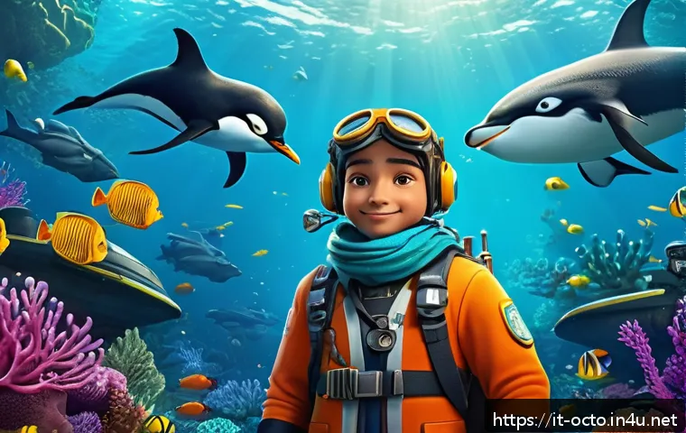 옥토넛 콘텐츠의 문화적 다양성 - A diverse animated crew of underwater explorers wearing colorful, detailed uniforms inspired by diff...