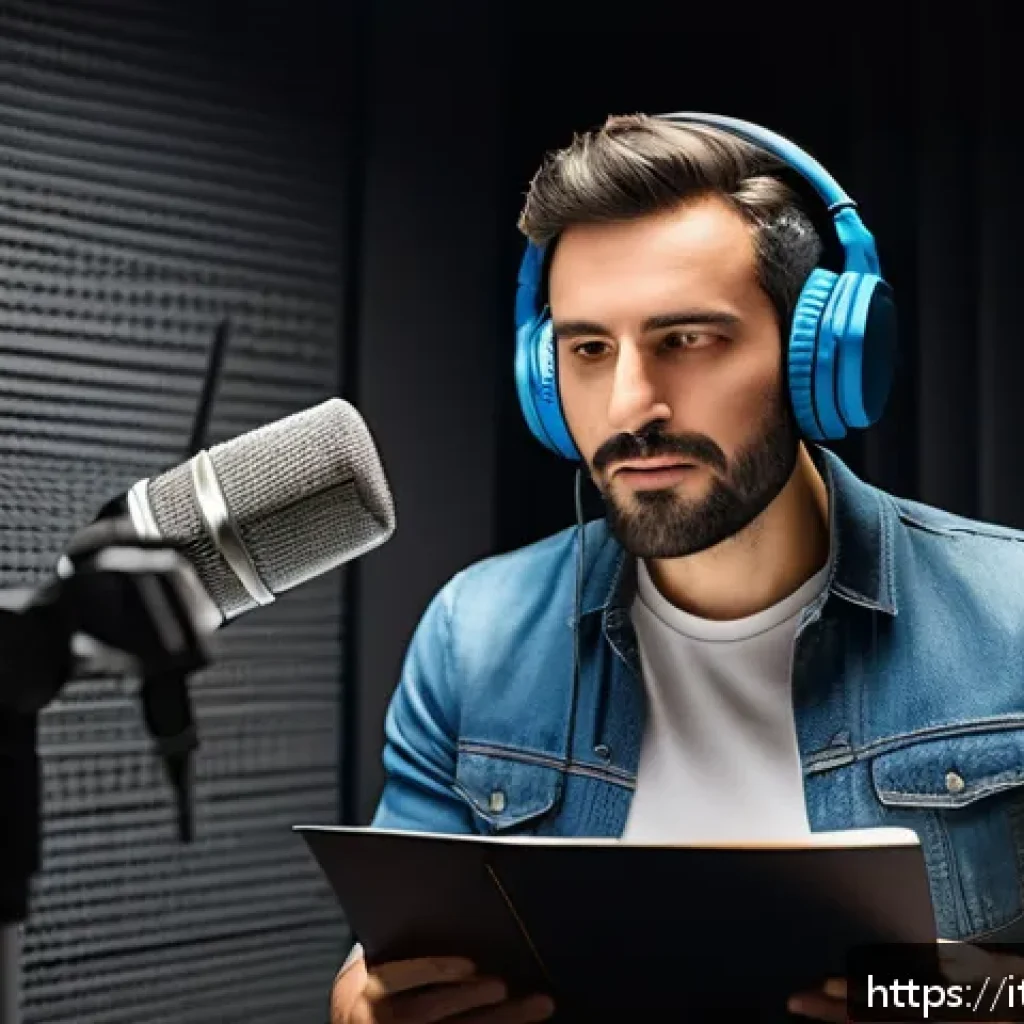 옥토넛 캐릭터 성우의 연기 비결 - A professional voice actor in a modern recording studio, wearing headphones and speaking into a high...