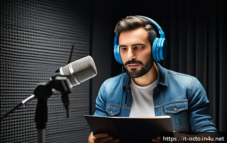 옥토넛 캐릭터 성우의 연기 비결 - A professional voice actor in a modern recording studio, wearing headphones and speaking into a high...