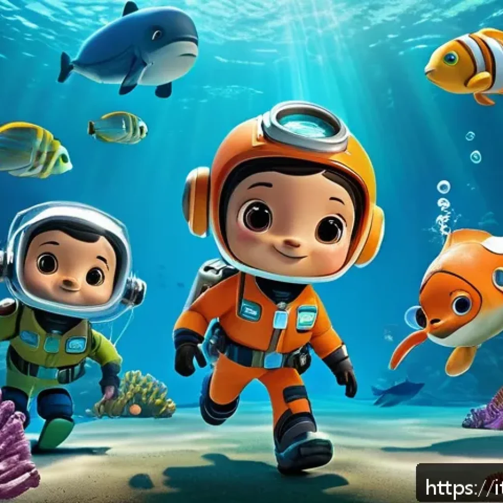 옥토넛 퀘이지의 액션 장면 분석 - Dynamic underwater action scene featuring animated Octonauts characters in colorful, detailed CGI st...