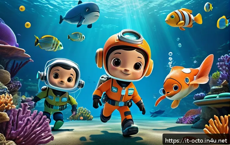 옥토넛 퀘이지의 액션 장면 분석 - Dynamic underwater action scene featuring animated Octonauts characters in colorful, detailed CGI st...