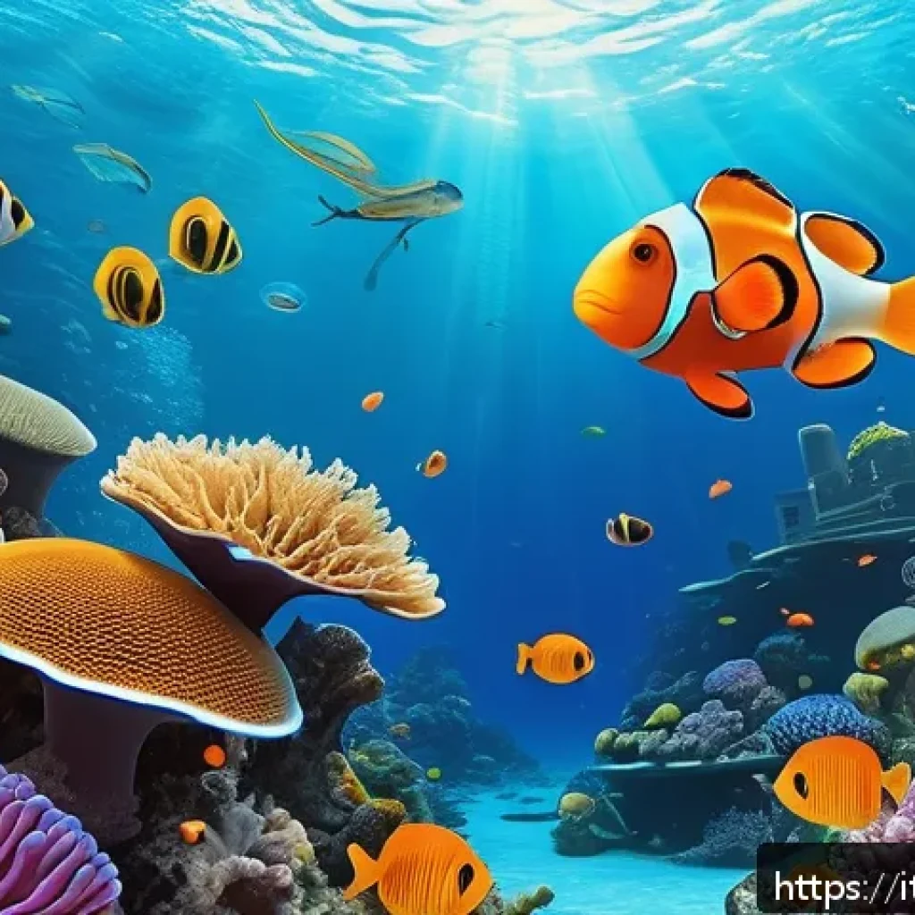 옥토넛 시리즈 주요 사건 재구성 - A vibrant underwater scene featuring a colorful coral reef teeming with diverse marine life includin...