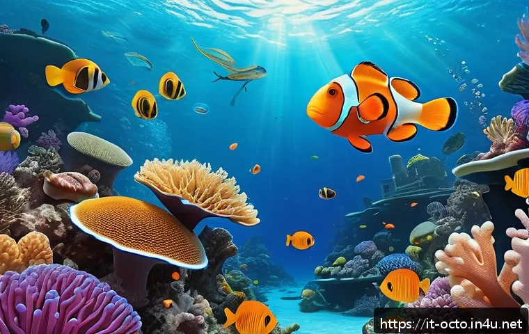 옥토넛 시리즈 주요 사건 재구성 - A vibrant underwater scene featuring a colorful coral reef teeming with diverse marine life includin...