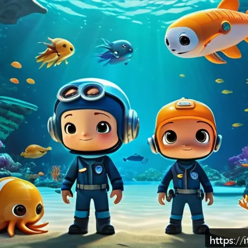 옥토넛 시즌 6 새롭게 추가된 요소 - A vibrant underwater scene featuring a group of animated Octonauts characters exploring a glowing bi...