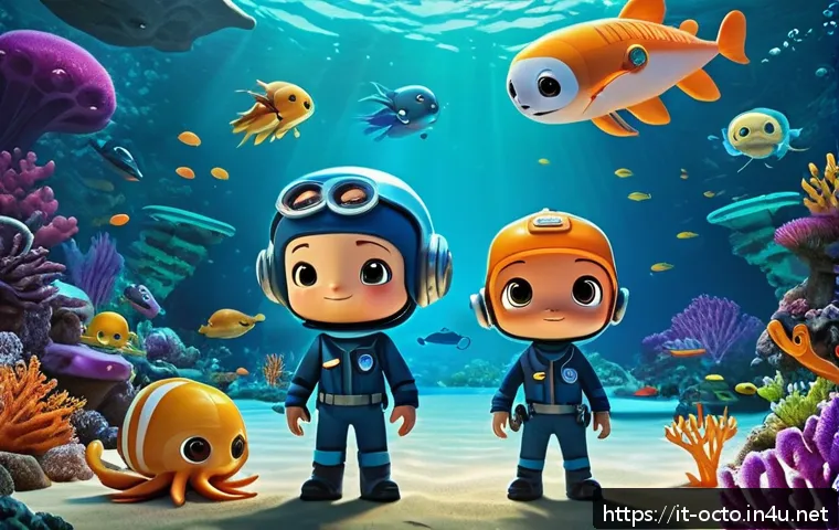 옥토넛 시즌 6 새롭게 추가된 요소 - A vibrant underwater scene featuring a group of animated Octonauts characters exploring a glowing bi...