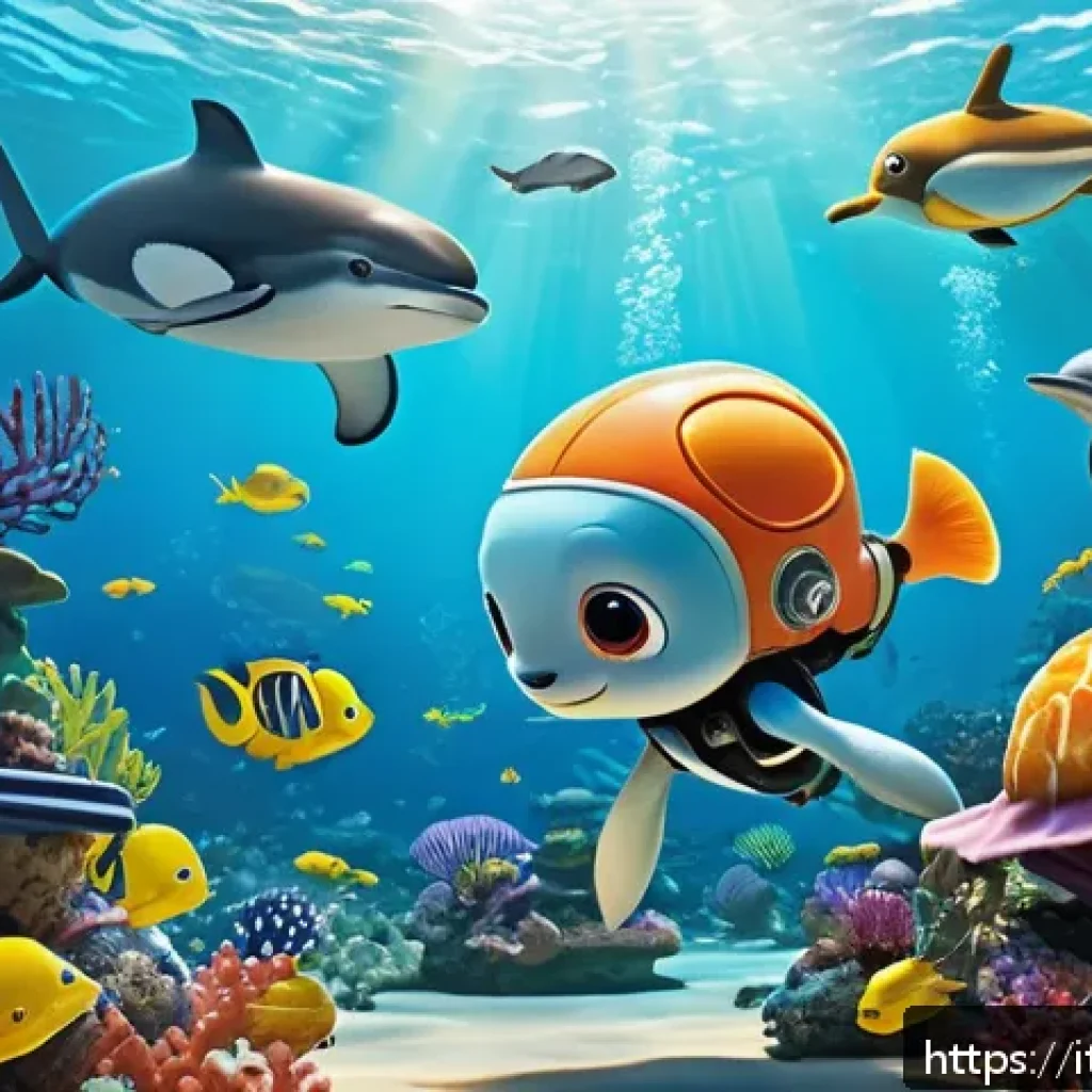 옥토넛 등장 동물들의 생태 메시지 - A vibrant underwater scene inspired by the Octonauts, featuring colorful marine creatures such as oc...