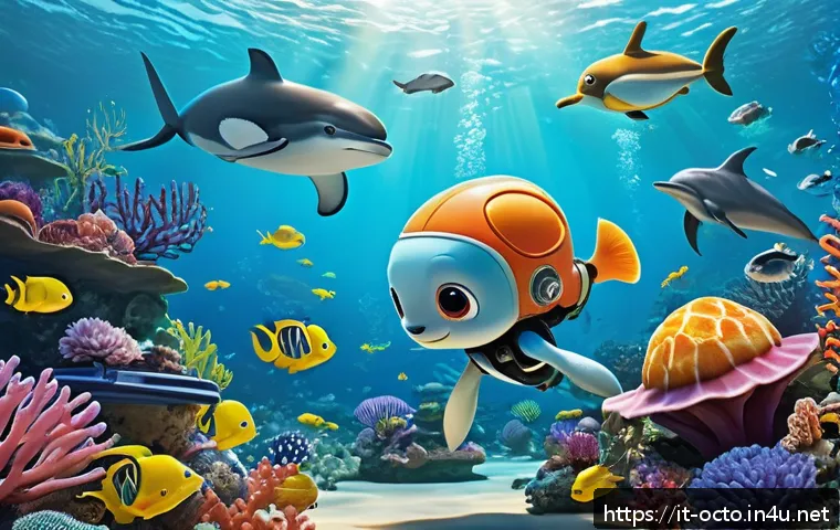 옥토넛 등장 동물들의 생태 메시지 - A vibrant underwater scene inspired by the Octonauts, featuring colorful marine creatures such as oc...