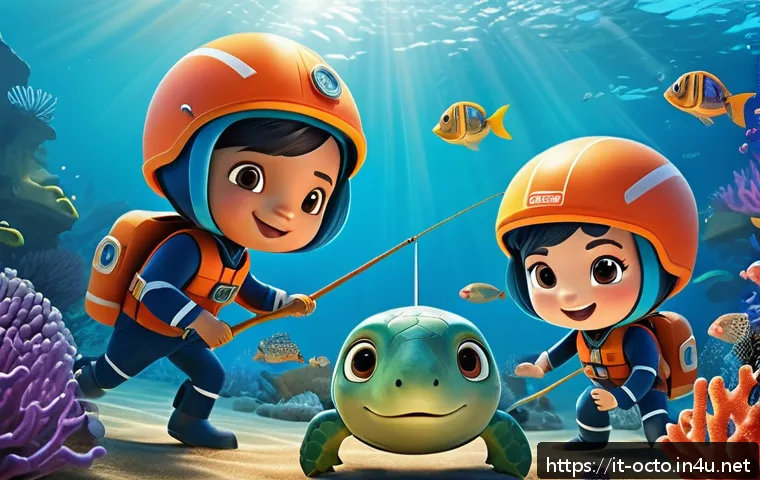 옥토넛 캐릭터 대사 명장면 - A colorful underwater scene featuring the Octonauts team working together to rescue a distressed sea...