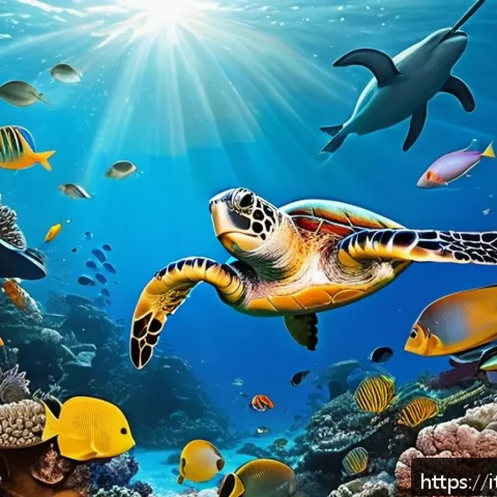옥토넛과 해양환경 보호 캠페인 - A vibrant and detailed underwater scene showcasing a colorful coral reef teeming with marine life: s...