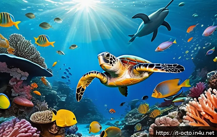옥토넛과 해양환경 보호 캠페인 - A vibrant and detailed underwater scene showcasing a colorful coral reef teeming with marine life: s...