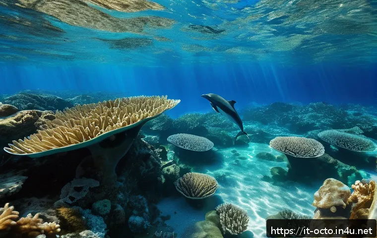 옥토넛과 함께 배우는 해양 생태계 - A vibrant underwater scene depicting a diverse Mediterranean marine ecosystem with common dolphins p...