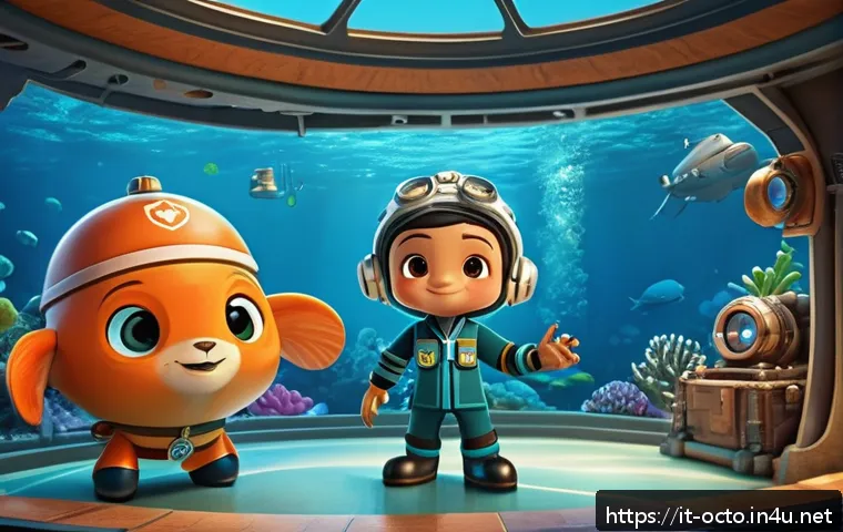 옥토넛 등장인물들의 가족관계 - A vibrant underwater scene featuring the Octonauts team gathered closely in a warm, familial atmosph...