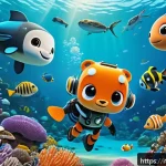옥토넛 주요 작가의 창작 철학 - A vibrant underwater scene featuring a diverse group of friendly cartoon sea creatures and Octonauts...