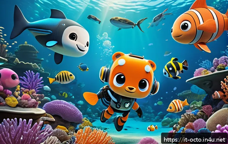 옥토넛 주요 작가의 창작 철학 - A vibrant underwater scene featuring a diverse group of friendly cartoon sea creatures and Octonauts...