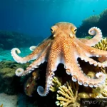 옥토넛 등장 동물의 생태 정보 - Photorealistic underwater scene in the Ligurian Sea near the Italian coast, a curious common octopus...