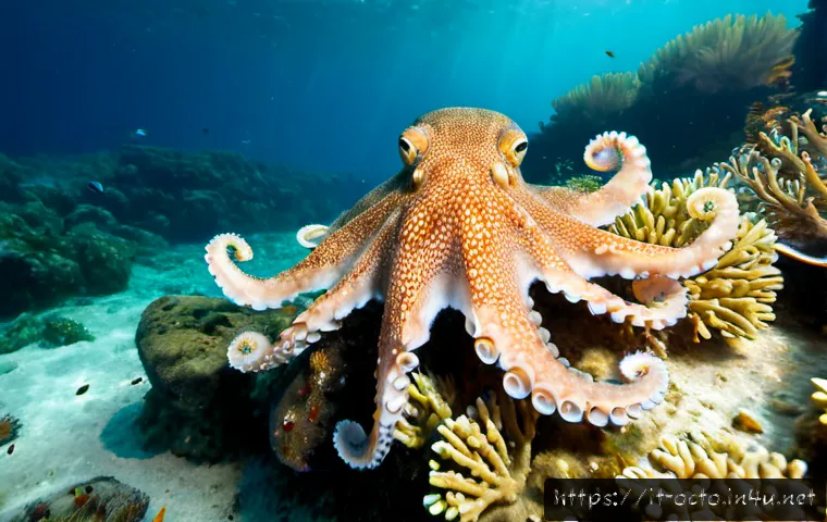 옥토넛 등장 동물의 생태 정보 - Photorealistic underwater scene in the Ligurian Sea near the Italian coast, a curious common octopus...