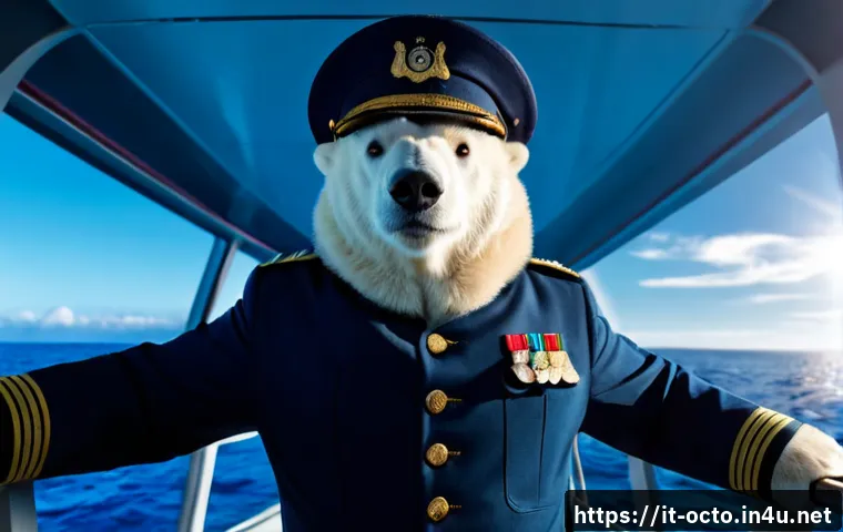 옥토넛 바나클스 대장의 명장면 - Photorealistic original fictional polar bear sea captain in a smart navy-blue uniform and peaked cap...